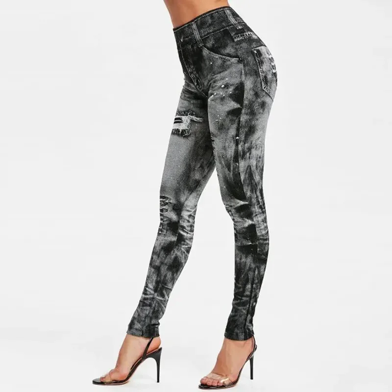 Leggings de fitness stretch para mulheres, jeans de imitação, cintura alta, calças finas, calções sexy, moda vintage, rua push-up, senhora