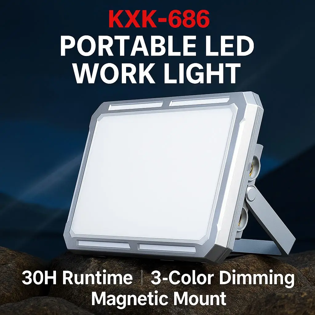

KXK-686 Portable LED Camping Work Light, 30H Battery, Magnetic Mount, Waterproof, 3-Color Adjustable Floodlight