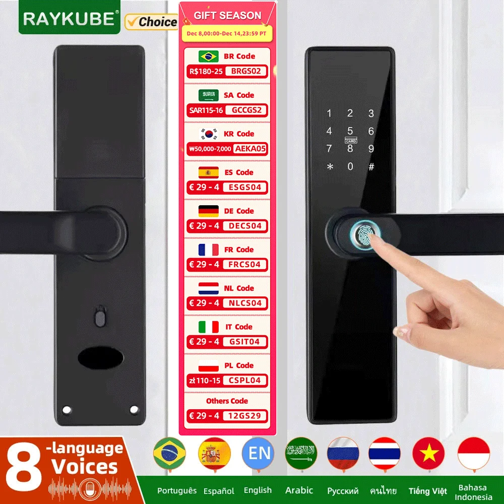 NEW RAYKUBE H4 Tuya Electronic Lock Wifi Smart Door Lock Fingerprint Lock Password IC Card Key USB Charge For Smart Home