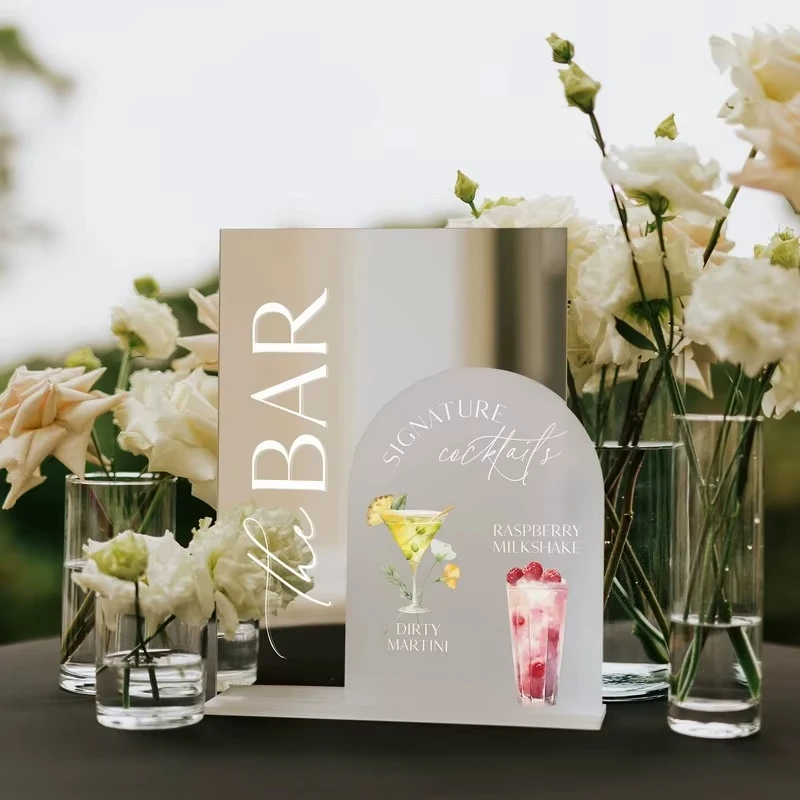 Silver Mirror+Frosted Arch Wedding Bar Sign Customize Wedding Bar Menu Signature Drinks Signage Wedding Specialty Cocktails Menu