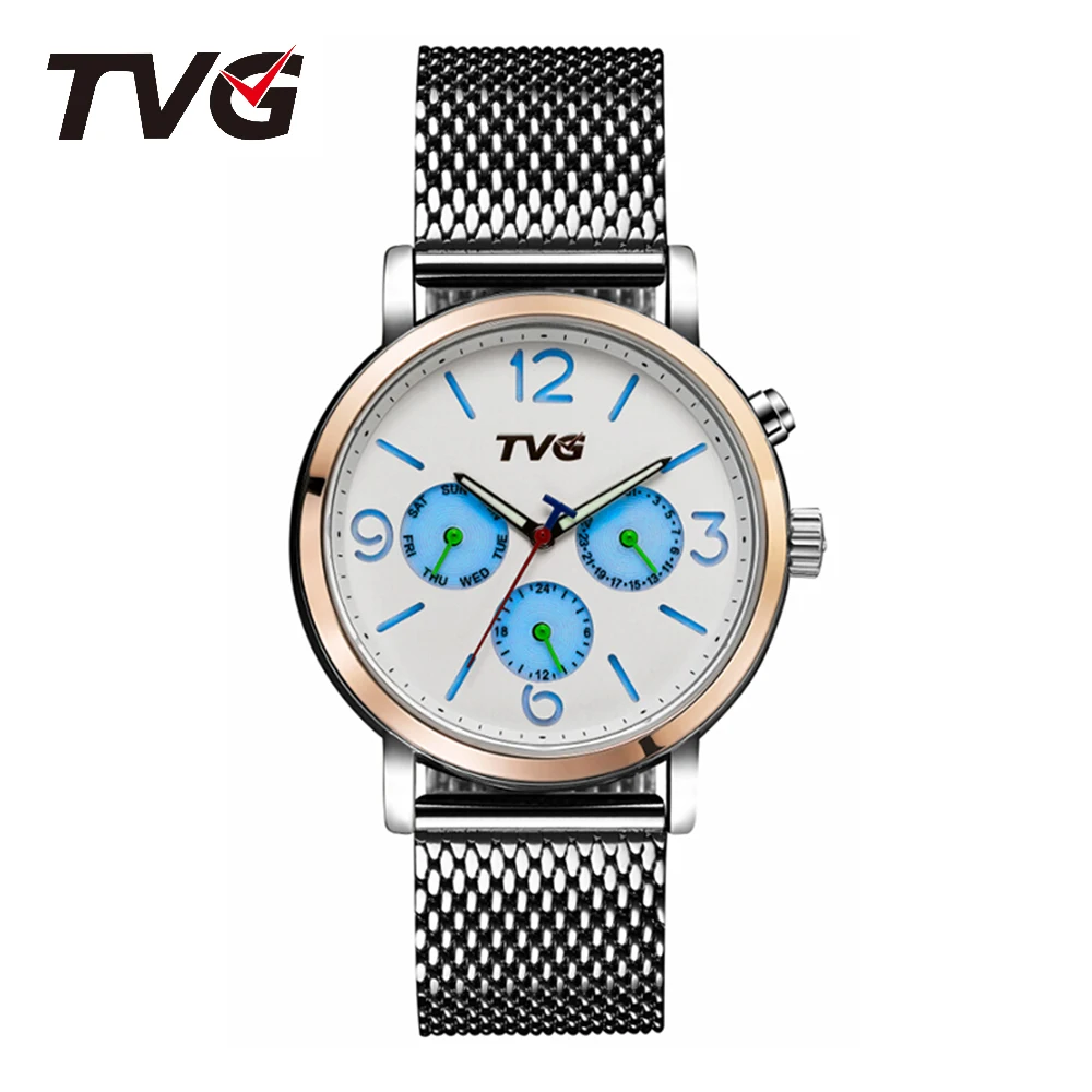 TVG brand watch Lovers Valentine\'s Day Gift Mesh belt Business Man Miss Genuine Leather Luminous Water proof Multifunction