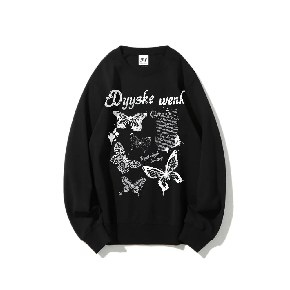 Bluza z długim rękawem w stylu retro z nadrukiem motyli, sloganem Dyyske Wenk, ocieplana, zimowa, ciepła, lekka, oddychająca, streetwear