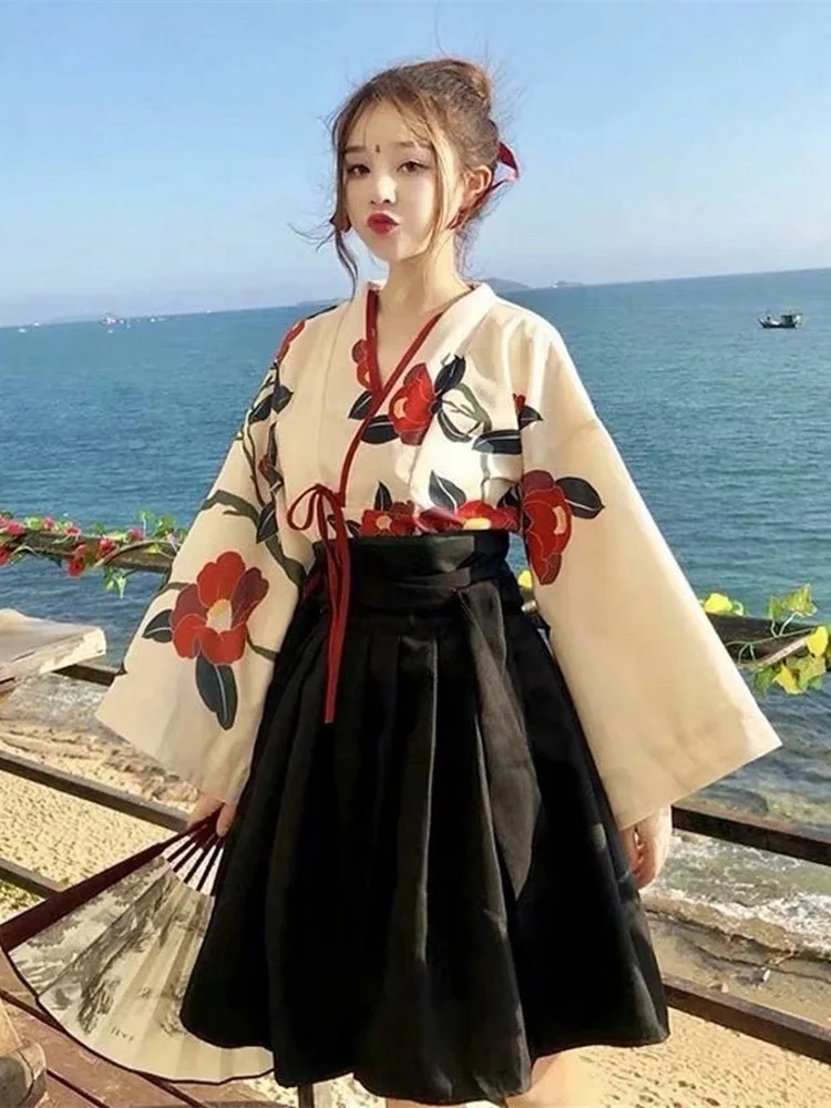 2023 Japanse Stijl Jurk Met Bloemenprint Cosplay Lange Kimono Rok Kawaii Kleding Meisjes Feestgewaad Set Vintage Kostuum Aziatische