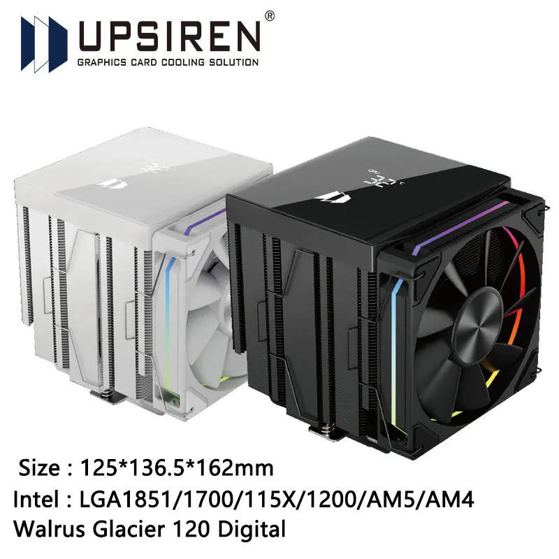 

Цифровой радиатор воздушного охлаждения UPSIREN Walrus Glacier 120, 6 тепловых трубок, двойные башни, два вентилятора/TDP 260 Вт/поддержка LGA1851/115X/AM5/AM4