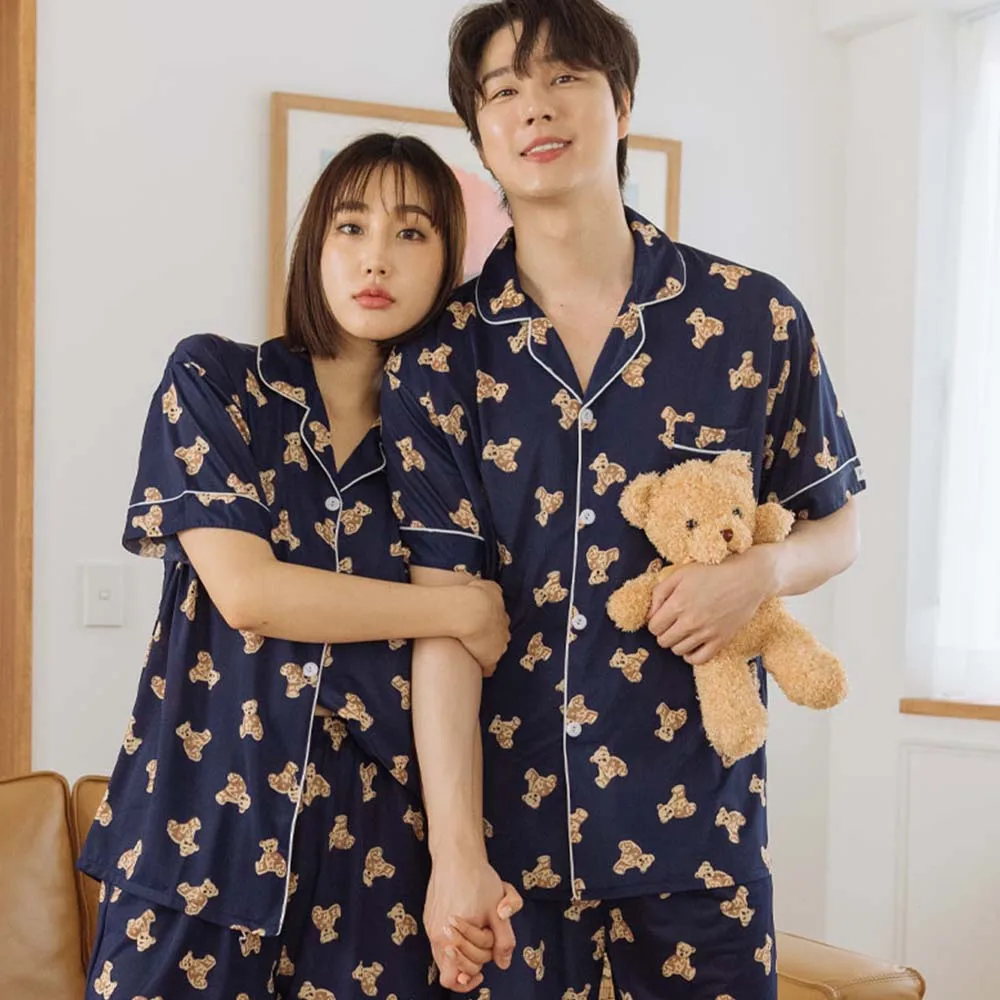 AONE Unisex Teddy Collar Short Sleeve Pajama Set, Cute Character Summer Sleepwear, Cool and Comfortable, Matching Top and Bottom for Couples, Style D9951_52