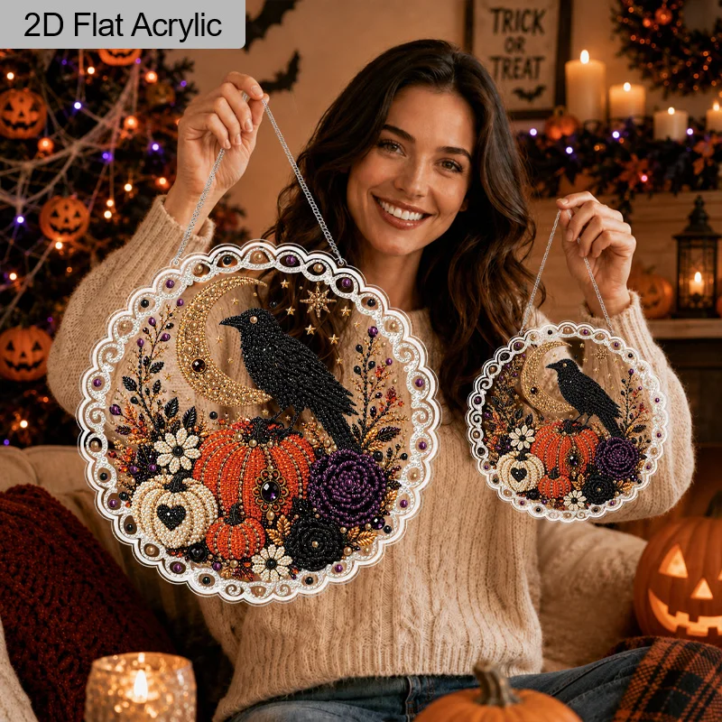 2D Flat, 1Pc 20cm/30cm Halloween Crow Pumpkin Decorative Hanging Sign, 3D Pearl Diamond Painting Suncatcher Kit with
