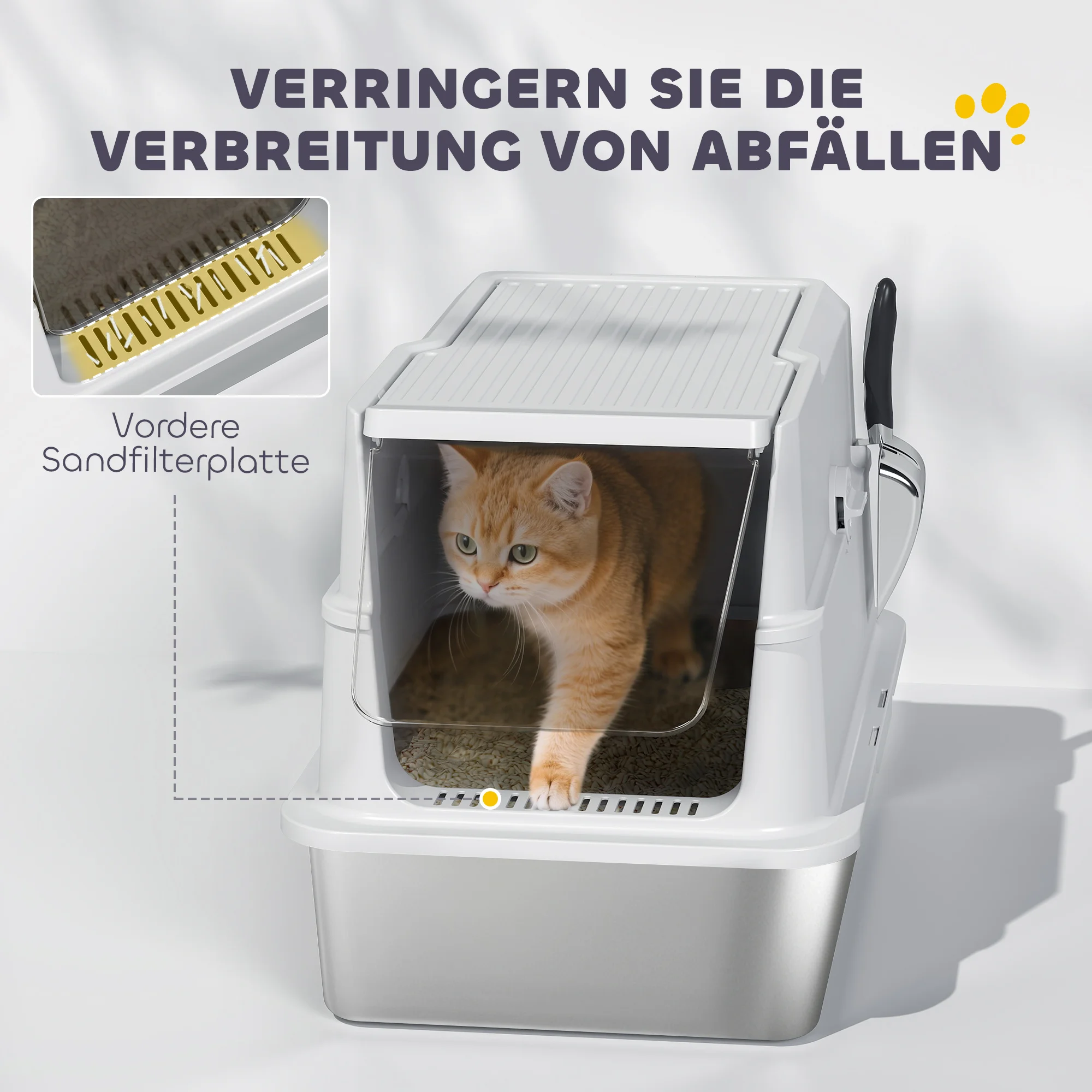 Bac à litière pour chat, toilette pour chat fermée en acier inoxydable avec porte frontale transparente rabattable, grille anti-éclaboussures, espace intérieur surdimensionné, couvercle supérieur amovible, pelle à litière suspendue, anti-odeur, anti-éclaboussures, fournitures pour chats d'intérieur