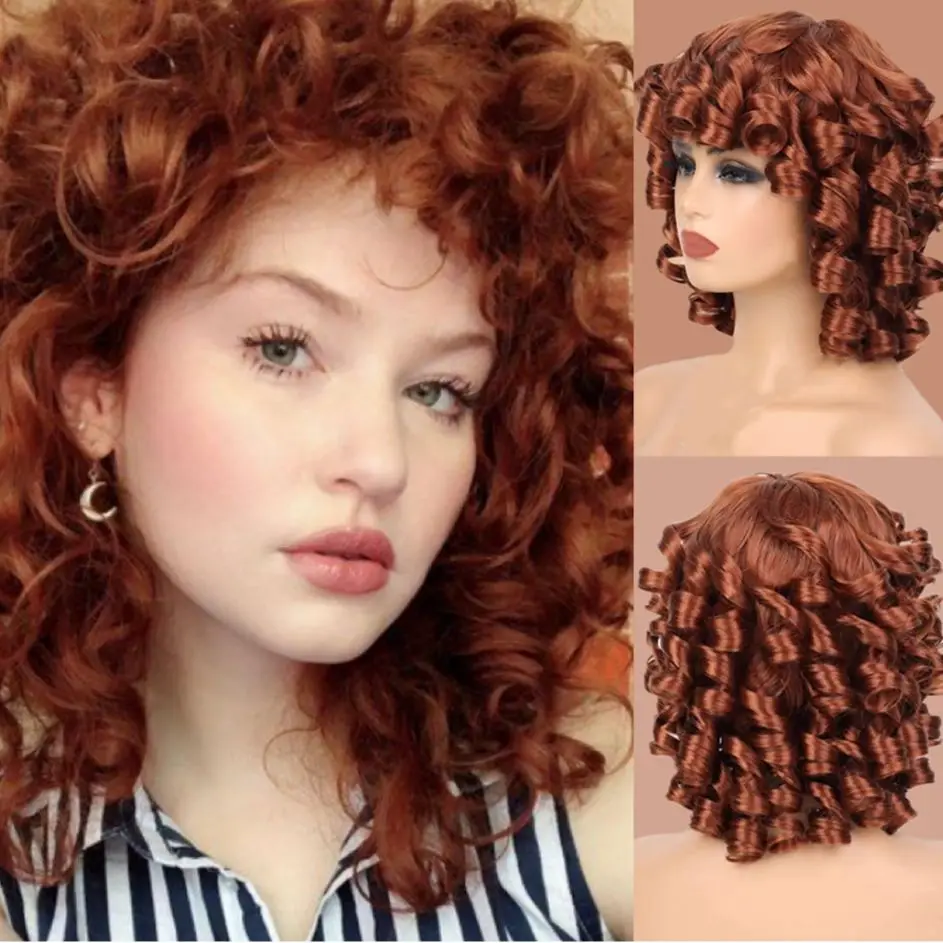 Wigera Sintetis Tembaga Merah Longgar Keriting Hitam Wanita Afro Aneh Wig Keriting dengan Poni Rambut Tahan Panas Berbulu Elastis Wig Bob