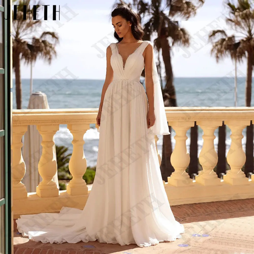 

JEHETH Boho Chiffon A-Line Wedding Dresses Sequined V-Neck Bride Gown Backless Sleeveless Back Button robe de mariée Custom Made