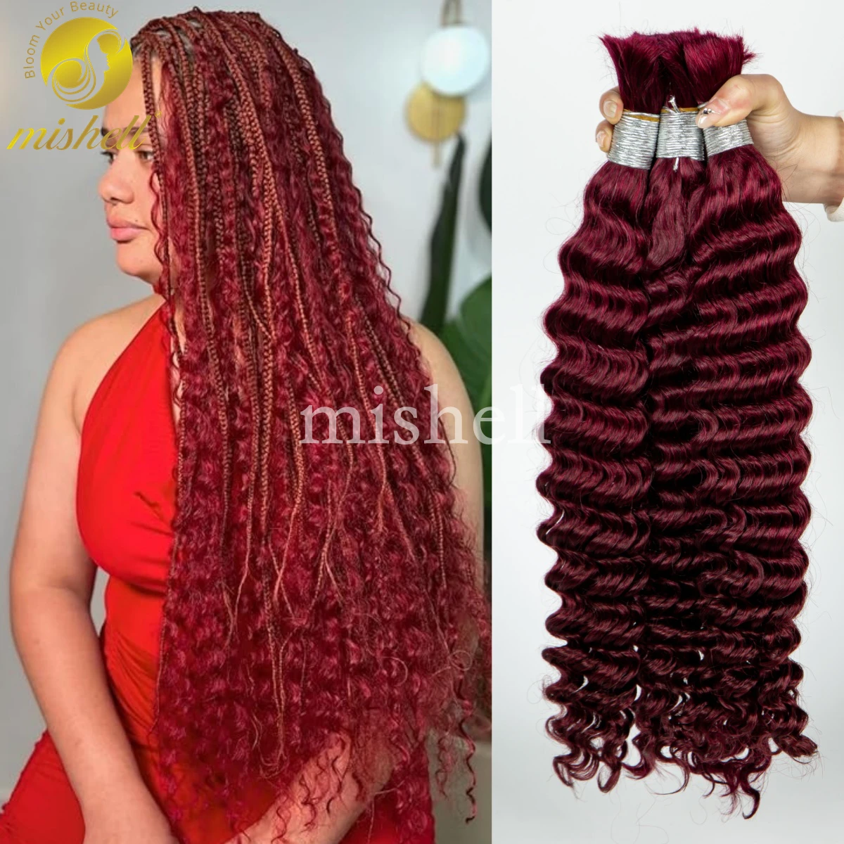 26 28inch 99J# Burgundy Deep Wave Bulk Human Hair for Braiding 12A Water Wave Virgin Human Hair Bundles No Weft for Boho Braid