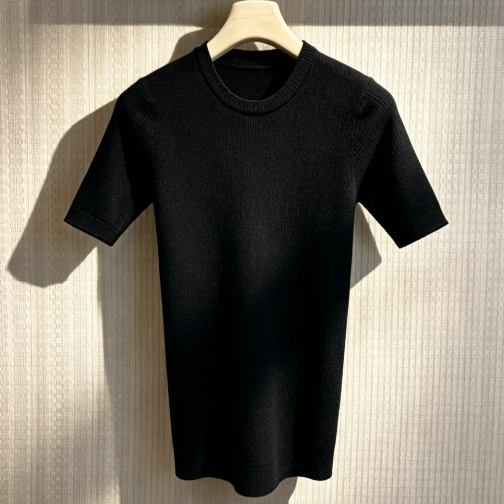 

2026 Women's Ribbed Knit T-shirt Crew Neck Short Sleeve Slim Fit Basic Casual Top031
