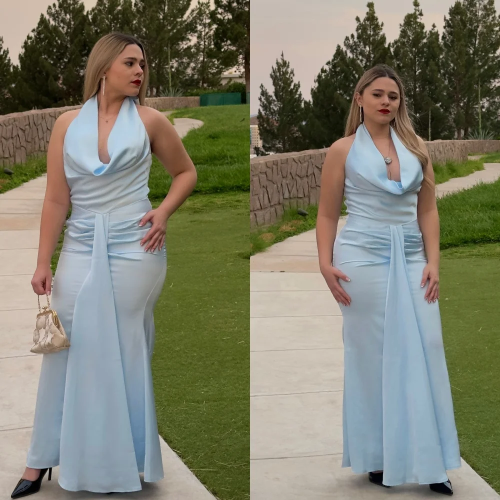 

Customized Fashion Light Blue Satin Evening Dress Temperament Halter Sleeveless Mermaid Backless Open Back Homecoming Dress