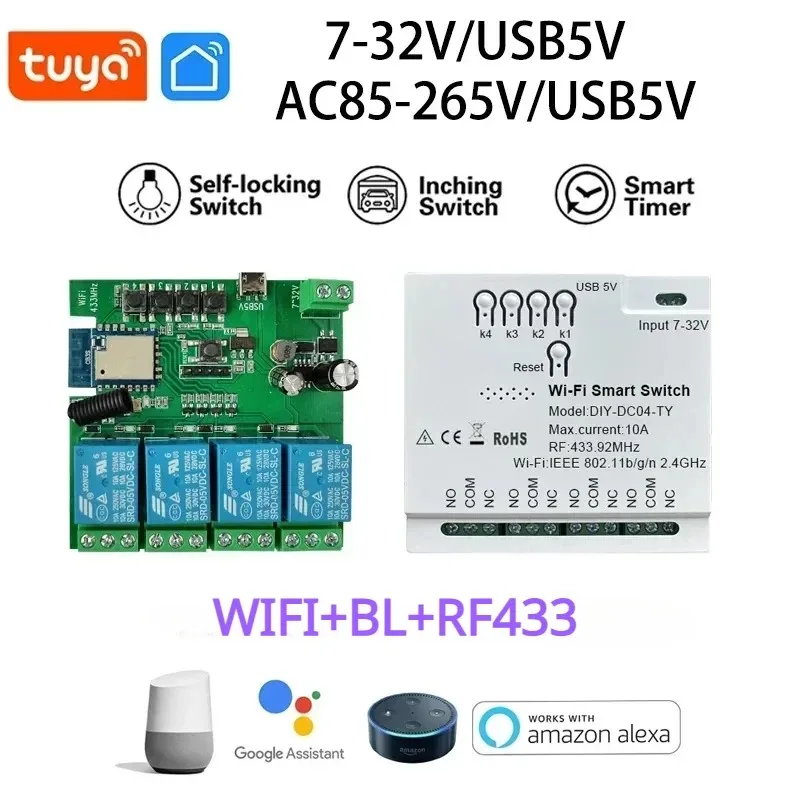 Tuya Wifi RF 4 Channel Module 85-265V Garage Door Gate Sensor Curtain Water Heater Motor Relay TV Light Table Lamp Smart Switch