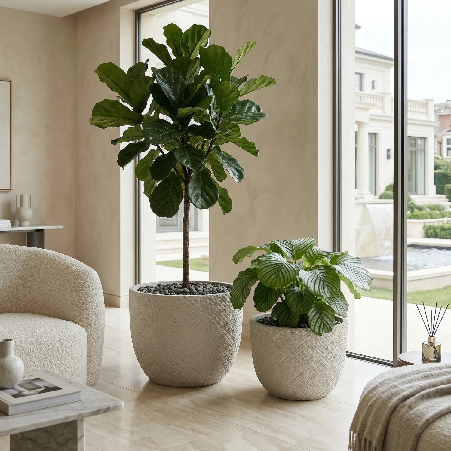 Ensemble de 2 jardinières rondes en béton, grands pots décoratifs rustiques faits main pour l'intérieur et l'extérieur, avec trous de drainage, pour la maison, le jardin et la terrasse, 37 x 28 cm et 45 x 35 cm (gris)