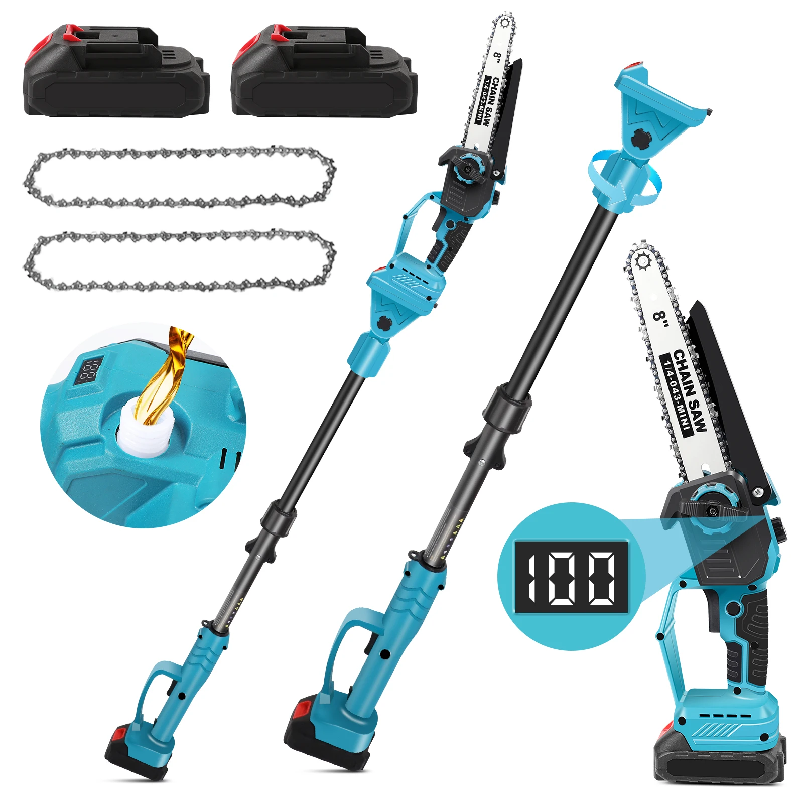 Motosega elettrica con palo telescopico senza spazzole da 8 pollici Sega a ramo alto 2 in 1 Utensile elettrico per potatura da giardino per batteria Makita 18V