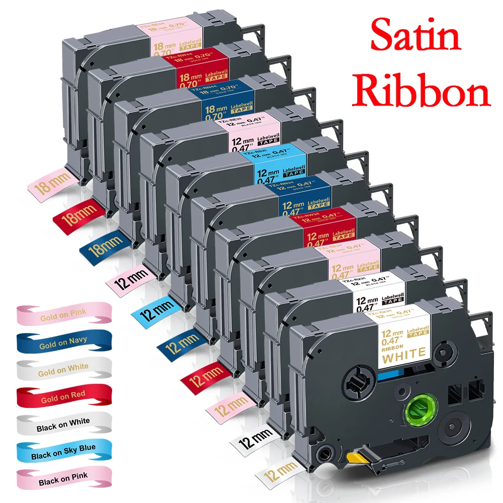 12/18mm Compatible Brother RE34 RN34 RW34 R234 R231 R531 RE31 RE44 RN44 RW44 Satin Ribbon Tapes for Brother P-touch Label Maker