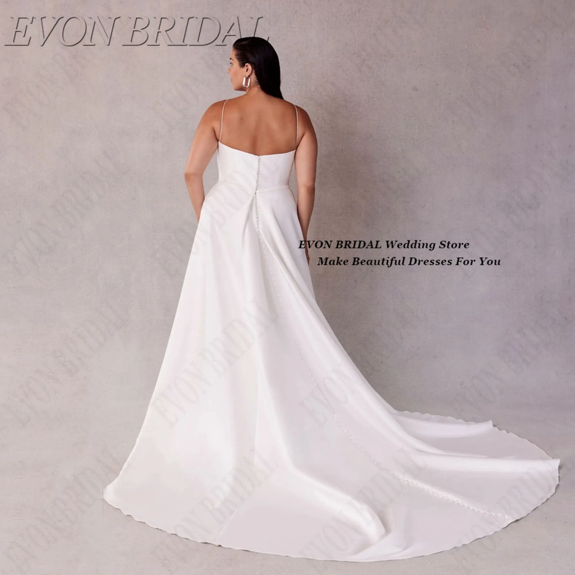 EVON BRIDAL Wedding Dress With V Neck Spaghetti Straps Satin Plus Size Bride Dresses Customzied Simple Side Split Wedding Gowns