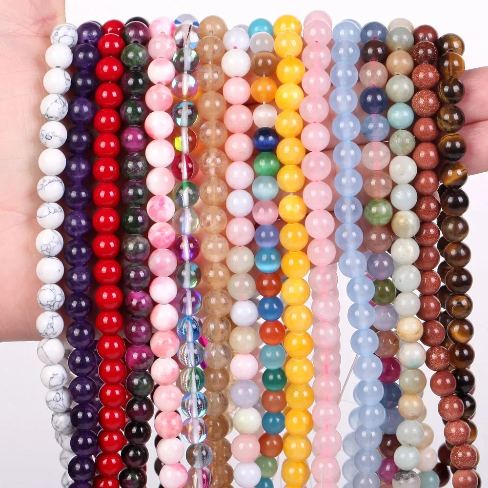 Koraliki z kamienia naturalnego 4-10mm ametysty lawa turkusy agaty jadeit granat kwarcowe koraliki do tworzenia biżuterii DIY bransoletka naszyjnik — zdjęcie 2
