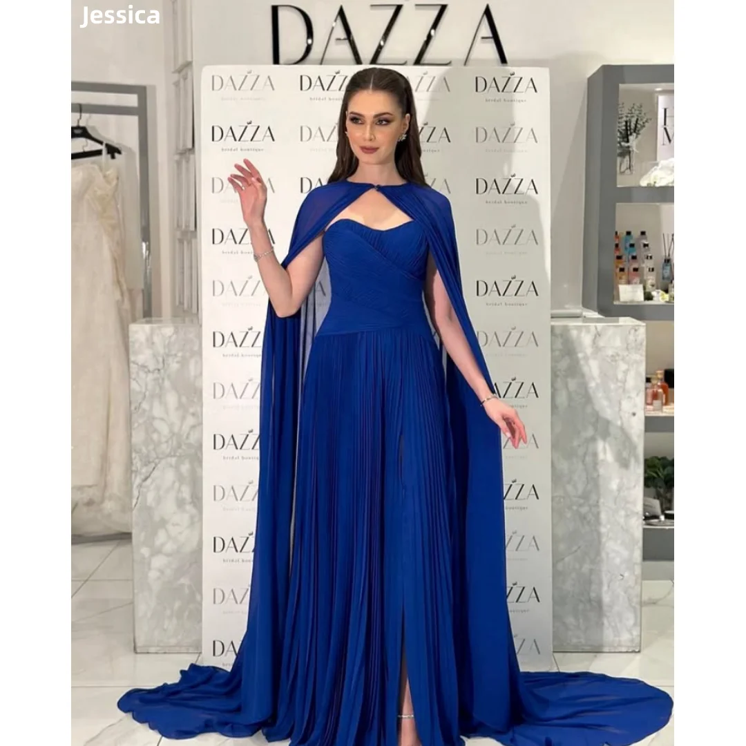 

Jessica Blue Evening Dresses Pleated Chiffon Cape Prom Dresses Elegant Ladies A-line Formal Occasion فساتين سهرة Customized