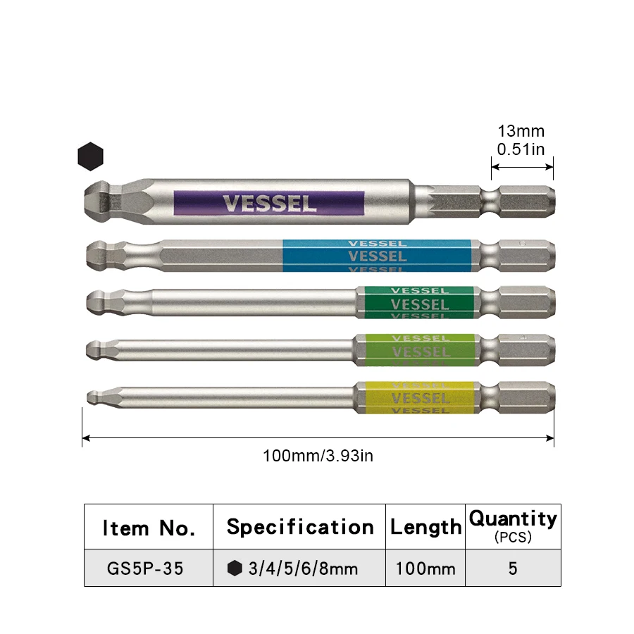 VESSEL GS5P Series Screwdriver Bit Set 5Pcs Single End Ball Point Hex Bits Magnetic Bits 62HRC Construction Screwdriver Bits