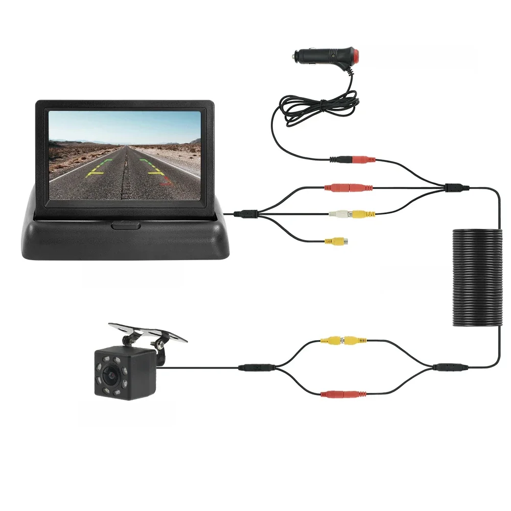 4.3 Tft Lcd Hd Scherm Vouwbare Auto Monitor Met Achteruitkijkcamera 8 Led Back-Up Voor Voertuig Parkeren Eenvoudige Installatie - afbeelding 2