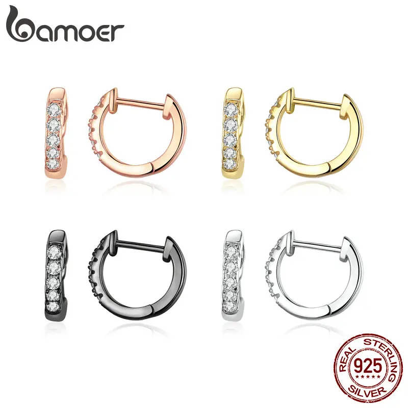 Bamoer 925 Sterling Silver Circle Piercing Cuff Earrings Plated Gold Shiny Zircon Earrings for Women Classic Party Jewelry Gift