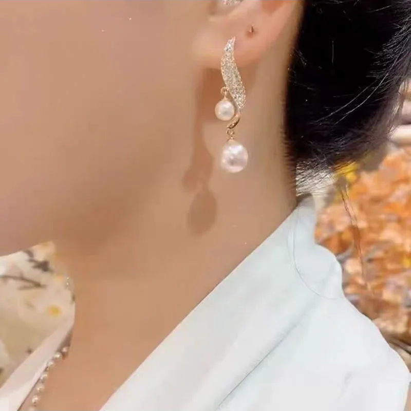 Luxury Double Pearl Drop Earrings for Women – Sparkling Crystal Long Dangle Earrings