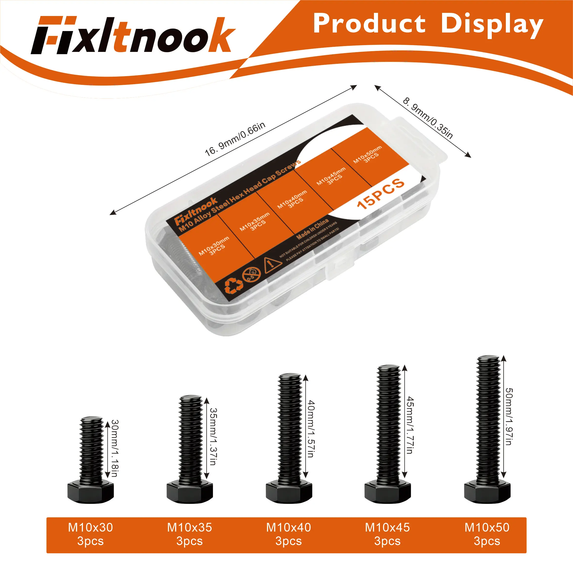 15 ชิ้น, สกรูหัวหกเหลี่ยม M10 X 30-50 มม., สกรูหัวหกเหลี่ยม, เหล็กอัลลอยด์เกรด 8.8, การชุบออกซิเดชันสีดำ, เกลียวเต็มแบบเมตริก