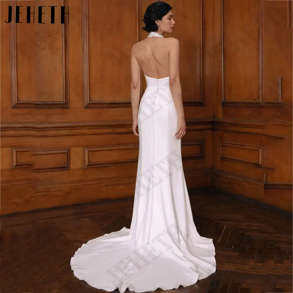 JEHETH Halter Neck Zeemeermin Trouwjurken Mouwloos Backless Bruid Gewogen Back Buttons Side Slit vestidos de novias Custom MadeJEHETH Halter Neck Zeemeermin Bruidsjurken Mouwloos Backless Bruidsjurken Terug Knoppen Zij