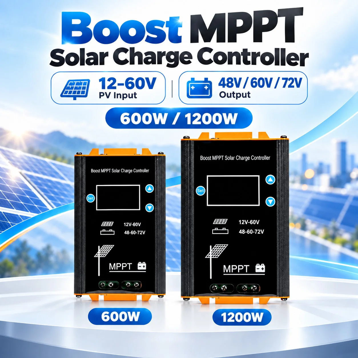 600W 1200W MPPT Boost Solar Charge Controller 12-60V Input 48V 60V 72V Output for Lead Acid Gel Lithium Battery Solar System