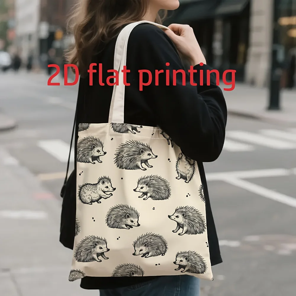 1 Piece of Cute Hedgehog Vintage Canvas Shoulder Bag, Lightweight Foldable Tote Bag with Fixed Shoulder Strap, Reusable Shopping Bag, Perfect Gift for Commuting, Travel, Shopping, School, and Holidays