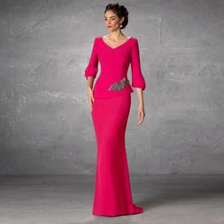 Jersey Pink Mother Of The Bride Dresses V Neck Customized Evening Dresses 2025 Three Quarter Sleeves Trajes Madre De La Novia