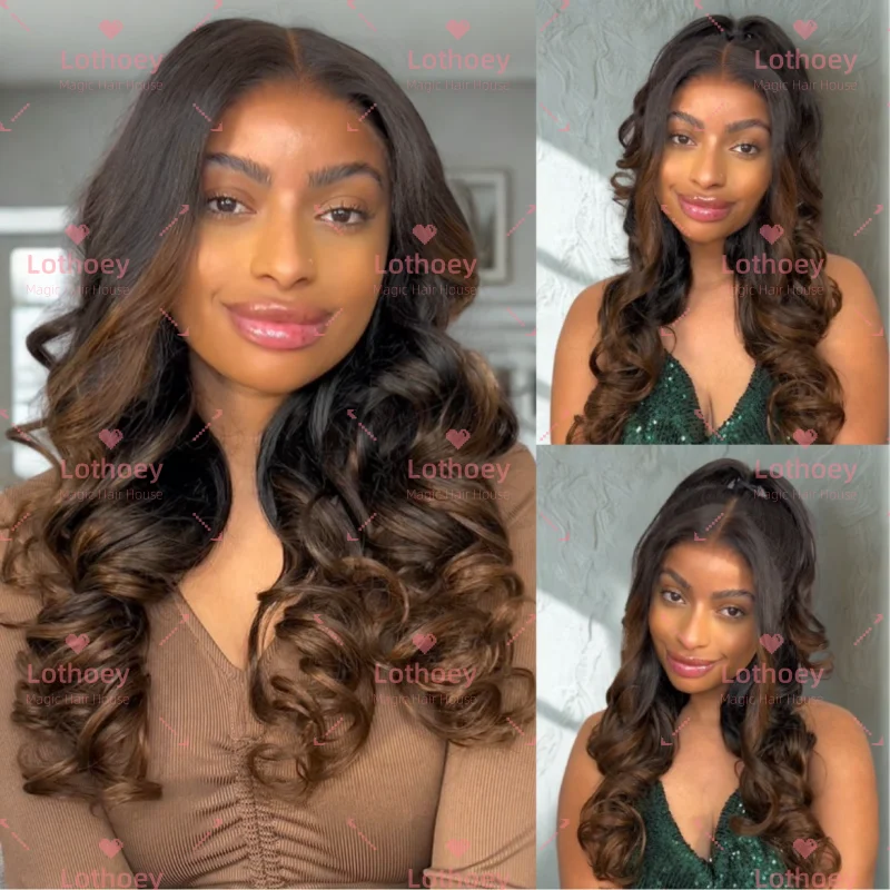 تسليط الضوء على شعر مستعار مموج باللونين البني والأسود، شعر مستعار بشري، شعر مستعار بدانتيل أمامي، شعر مستعار بقاعدة حريرية للنساء، الحياة اليومية، الحفلات، العمل، إلخ