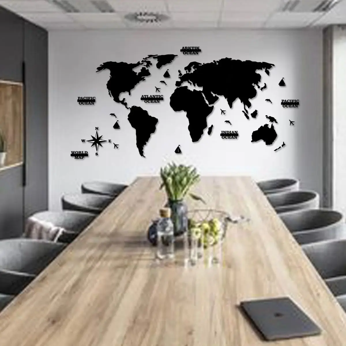 2D Decorative Wooden World Map Wall Decoration for Home Office Living Room Black World Map Wall Decoration and Accessory