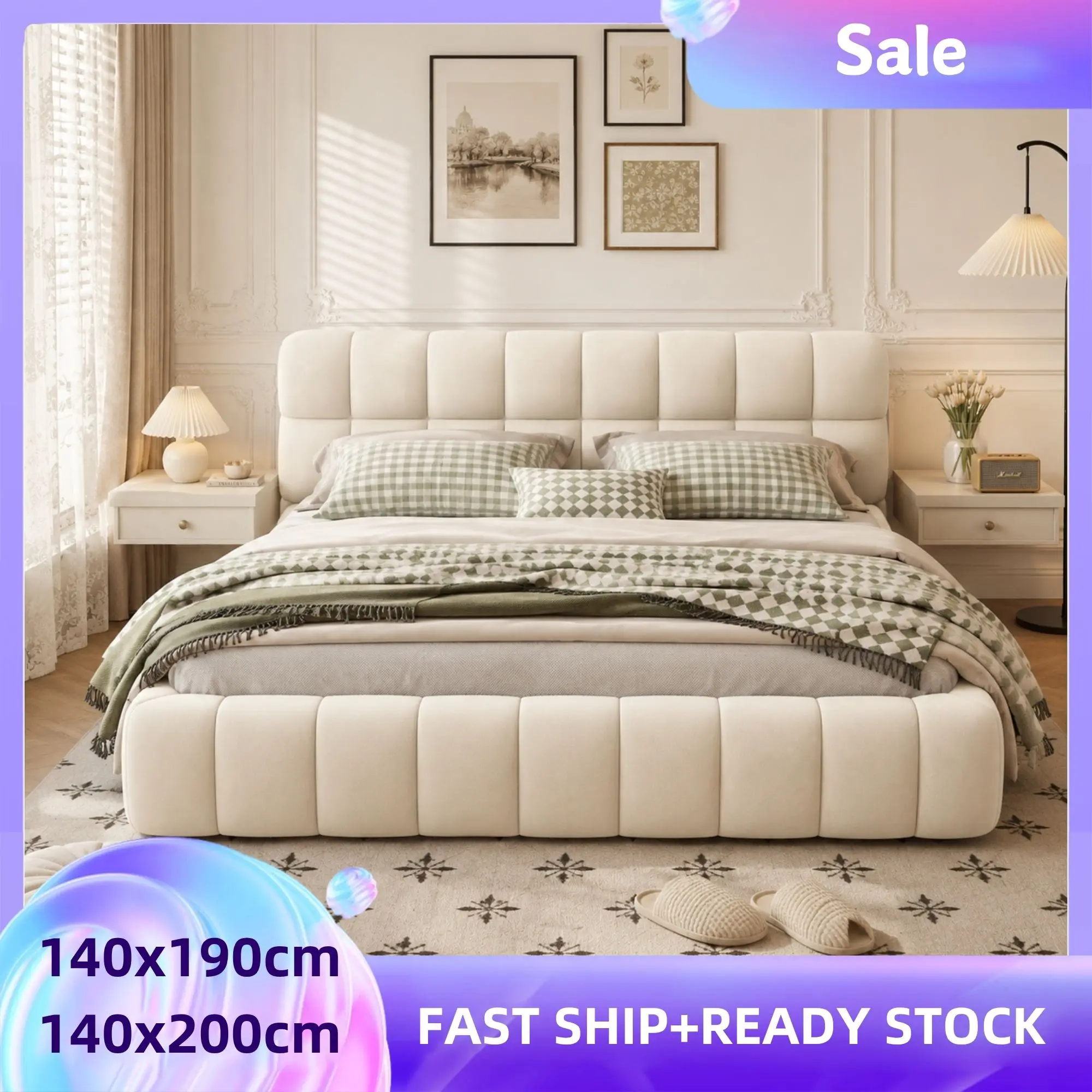 Cama tapizada de 140x190 cm, cama burbuja, cama doble con cabecero tapizado, estructura de cama con somier de láminas y cabecero, cama juvenil/cama plana con respaldo suave, lino, beige/gris