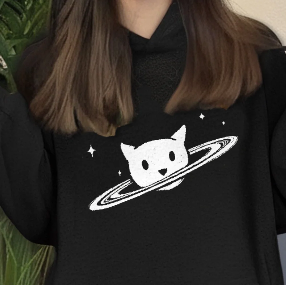 Gato planeta gráfico hoodie diversão cósmica animal de estimação impressão casual solto manga comprida único brincalhão elegante bonito adorável vestuário casual topo