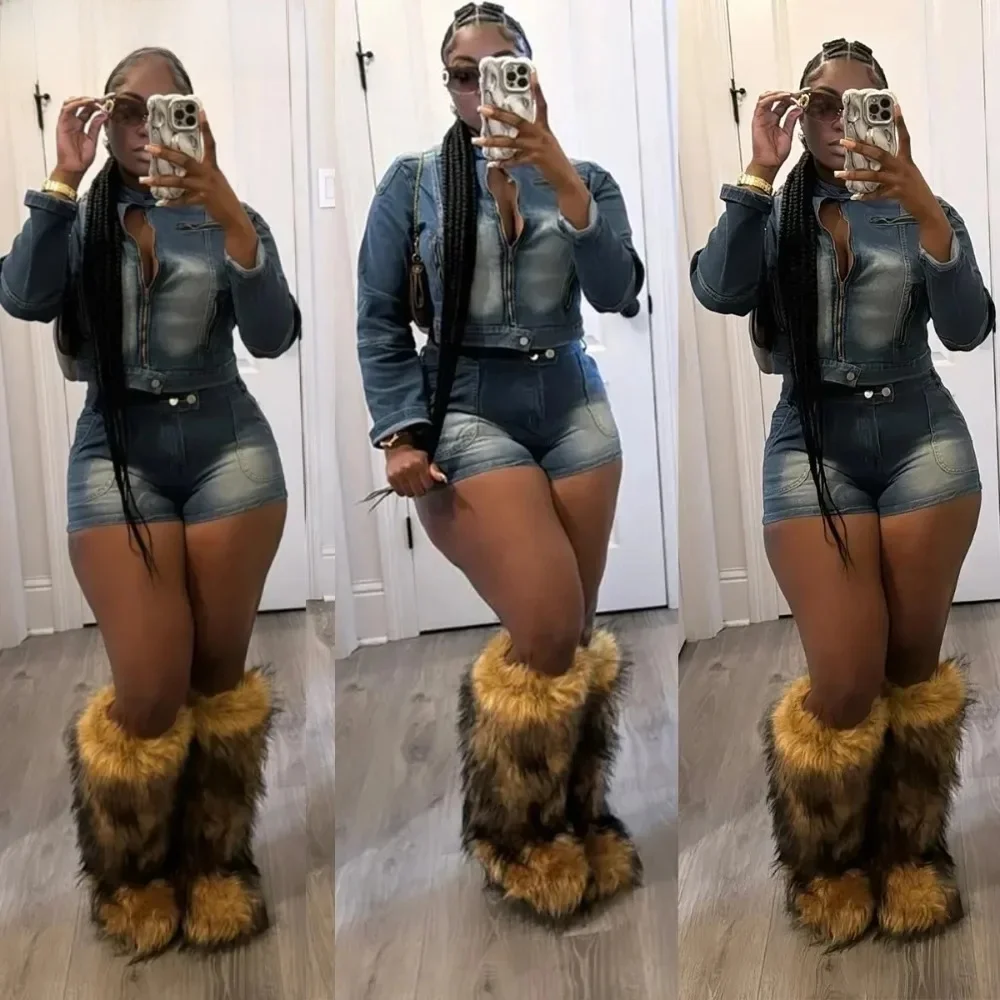 FAGADOER Retro Denim 2-częściowe zestawy damskie Outfit Zip Crop Denim Jacket + szorty Zestawy Rozciągliwe garnitury Odzież damska Streetwear — zdjęcie 2
