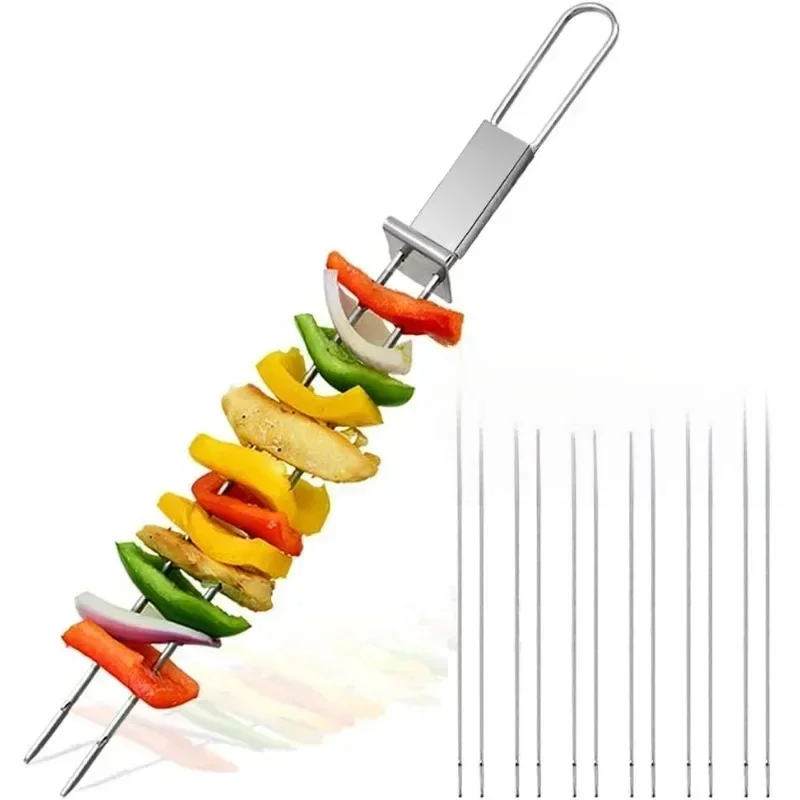 Brochettes de Barbecue à Double aiguille en acier inoxydable, avec plaque auto-poussée, fourchettes de Barbecue, accessoires de pique-nique pour l'extérieur et la maison, 1 pièce