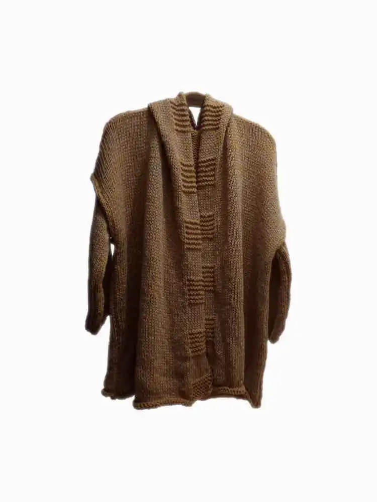 Hooded Cardigan - Knitted with 2 Colors Cotton Yarn - Hand Knitted - Light Brown Tones