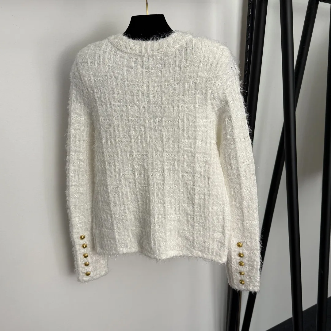 

High quality spring and summer women's gold button shiny silk blended round neck long sleeved knitted cardigan jacket HL058