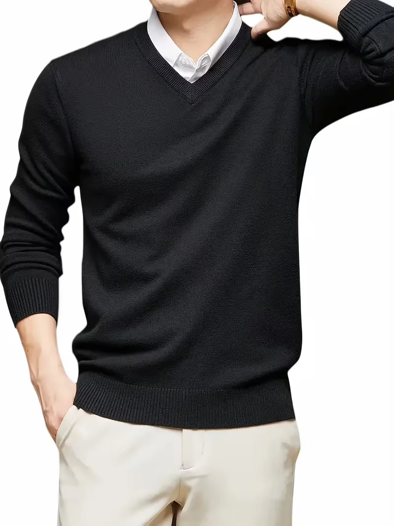 New Cross-Border Men'S Solid Color V-Neck Knitted Pullover Sweater - Thickened High-Weight Warm Casual Top - Classic Design, Elastic Comfortable Fabric, Regular Versatile Style, in Autumn And Winter, High-Quality Fashionable Mature Pullover