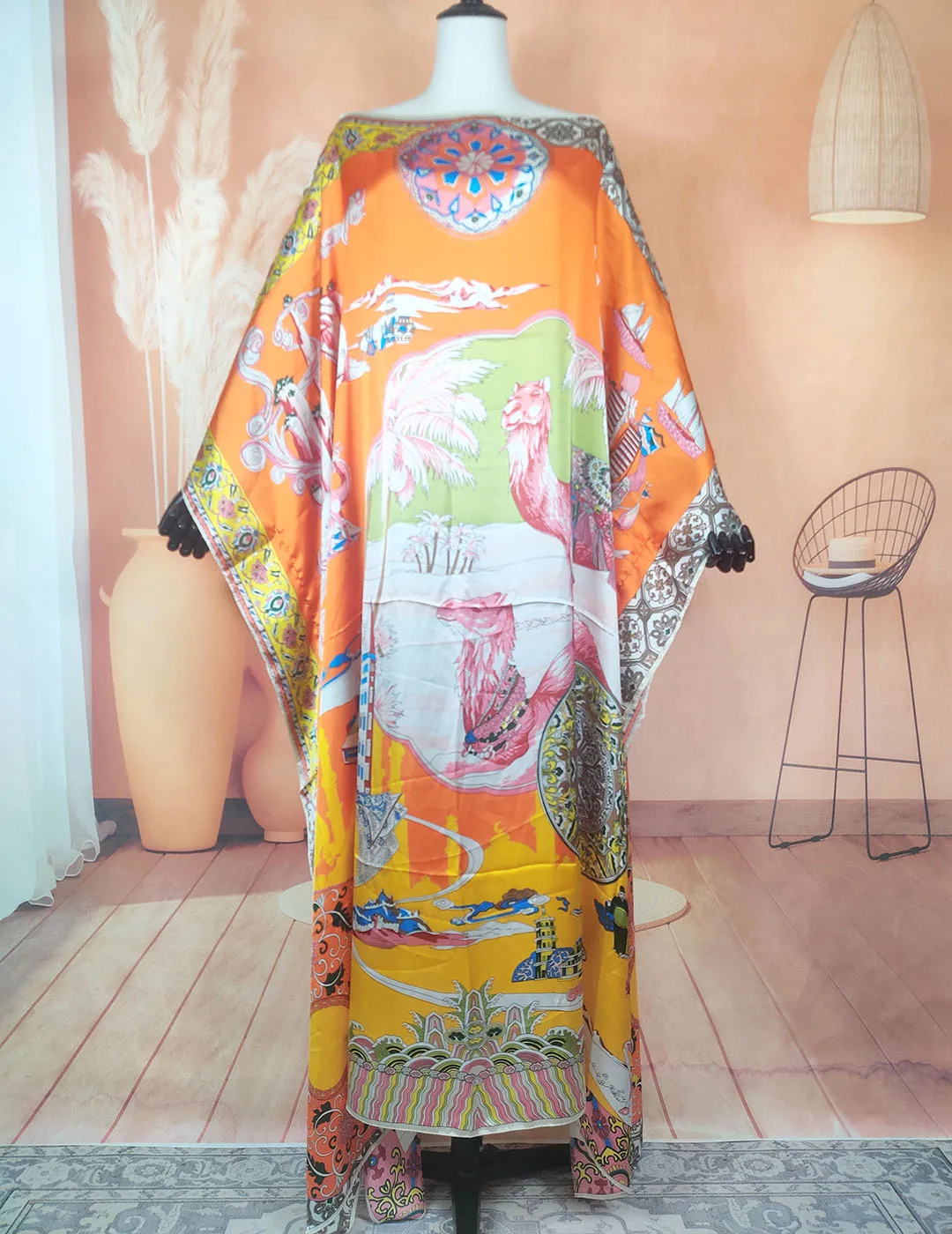 Unique Fashion Middle East Traditional Printed Silk Summer Loose Kaftan Dress Oversized African Muslim Lady Ramadan Abaya