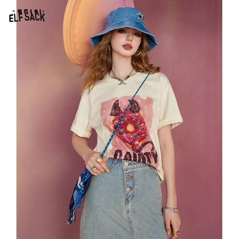 

ELFSACK Casual Short Sleeve T-Shirt with Cute Doughnut Print, Kawaii Graphic Tee for Women, White Top for Women's Daily Outfit