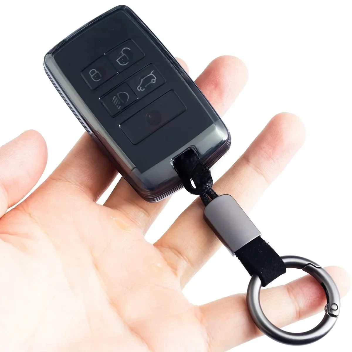 For Land Range Rover Defender Discovery Jaguar XE XF E-PACE F-PACE I-PACE Black Transparent Car Key Fob Case Cover Keychain Ring