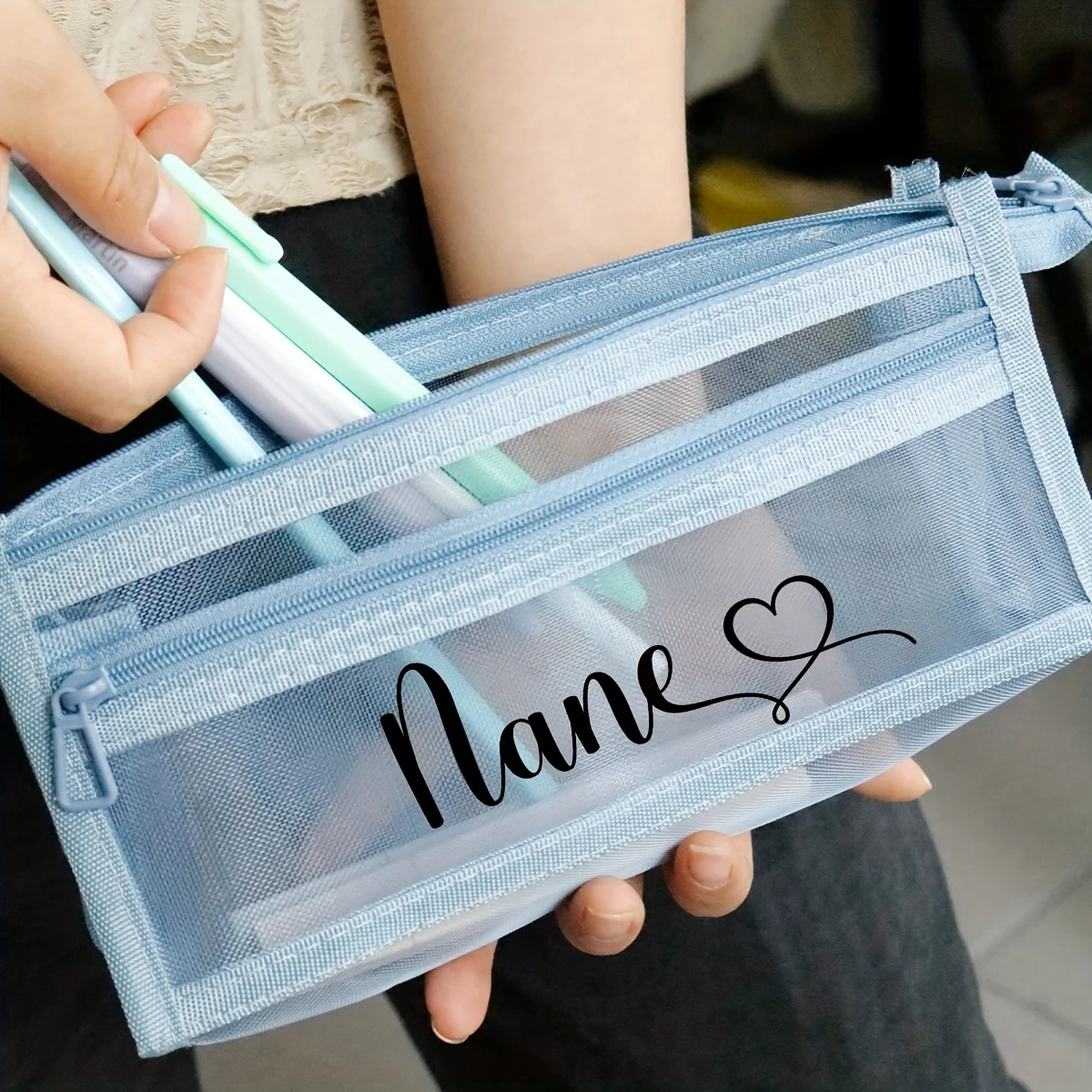 Custom Name Pencil Pouch, Personalized Pencil Case, Custom Zipper Pencil Pouch, Mesh Pouch, Double Layer Mesh Stationery Bag