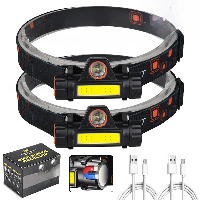 1/2Pack Wiederaufladbare COB LED Scheinwerfer Starke Magnetische Leistungsstarke Scheinwerfer Super Helle Wasserdichte Kopf Taschenlampe Für Outdoor Angeln
