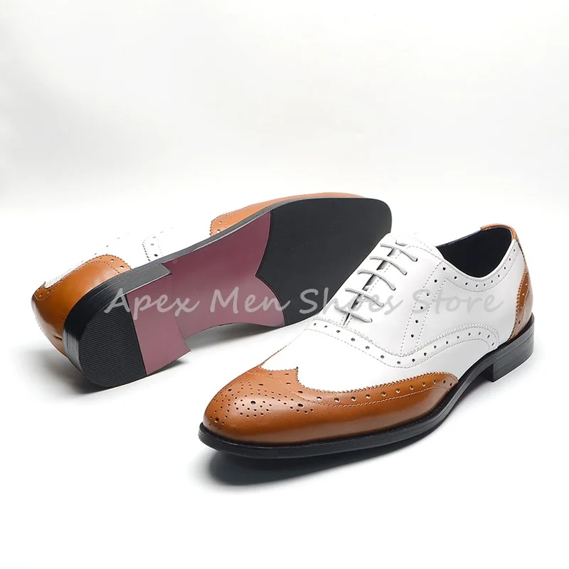 

2025 Elegant Layer Cowhide White Brown Brogues Business Classic Lace Up Formal Oxford Shoes Party Casual Men's Wedding Shoes