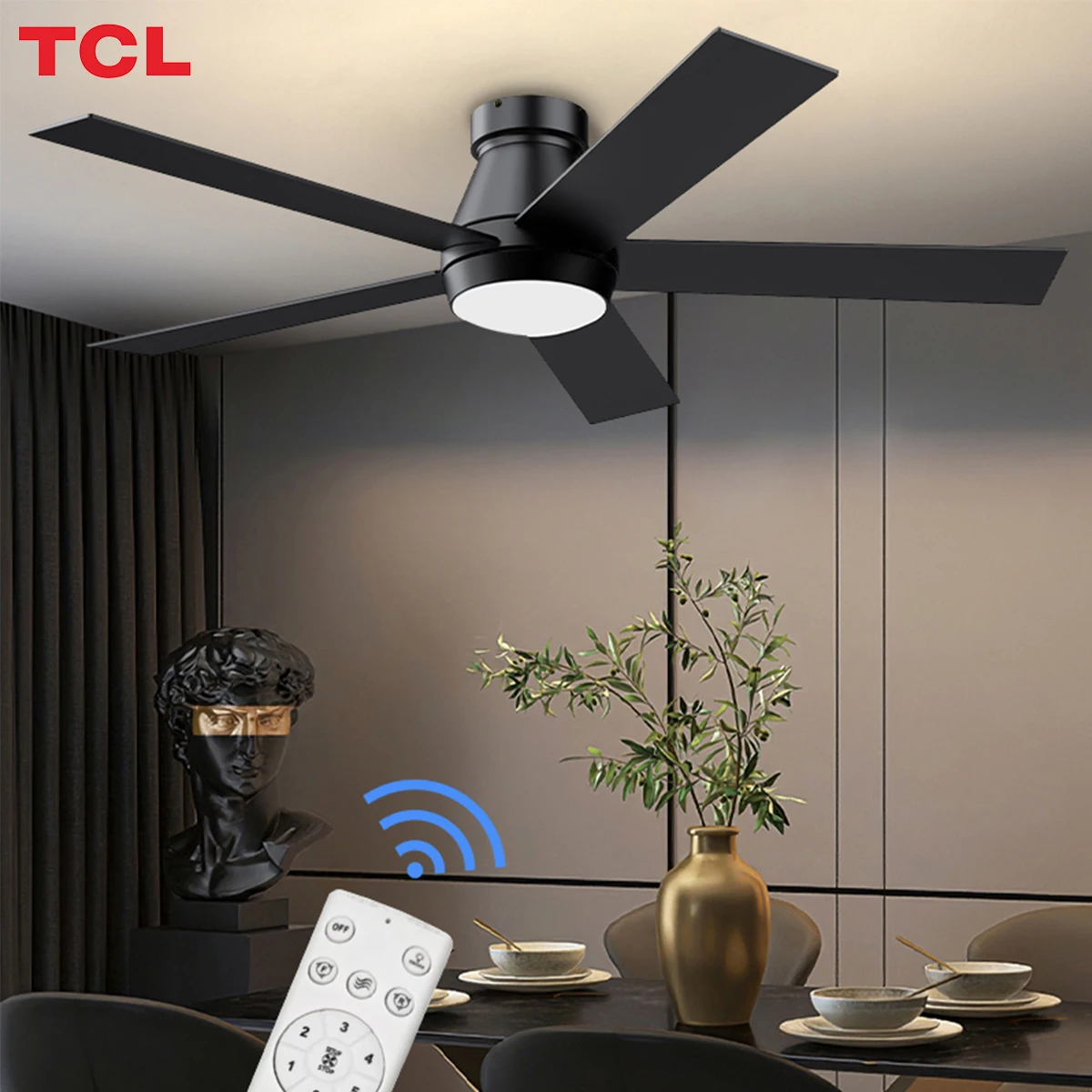 TCL الحديثة الأسود 52 بوصة الذكية LED مروحة السقف مع أضواء 5 شفرات 6 سرعات التحكم عن بعد موتور تيار مباشر لغرفة المعيشة غرفة نوم