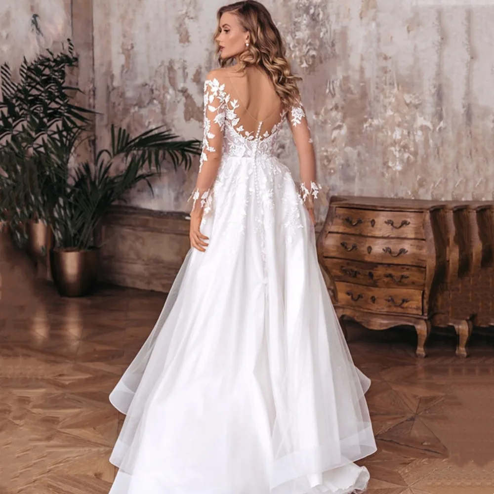 Boho Sheer O-Collo Abito da sposa Manica lunga Split Applicazioni in pizzo Tulle Cerniera Abiti da sposa A-Line Abiti da Noiva