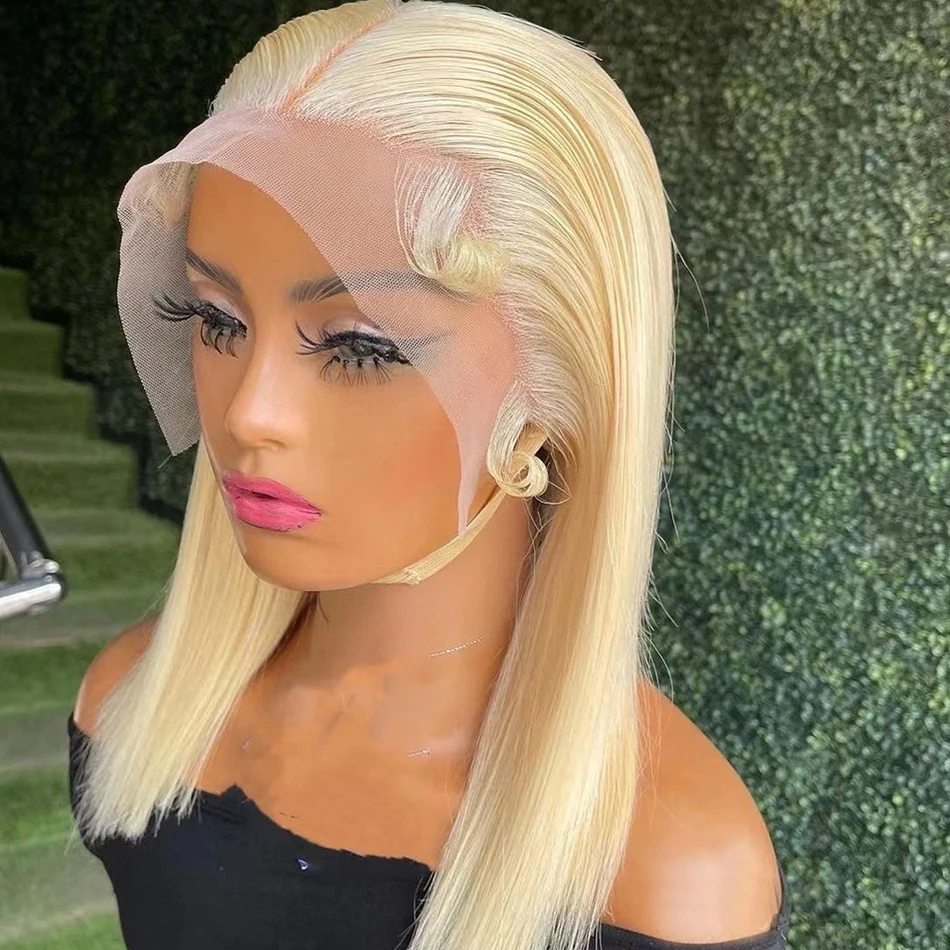 200% Straight 613 Honey Blonde Short Bob Wig Transparent Lace Front Human Hair Wigs Colored 13x4 Transparent Lace Frontal Wig